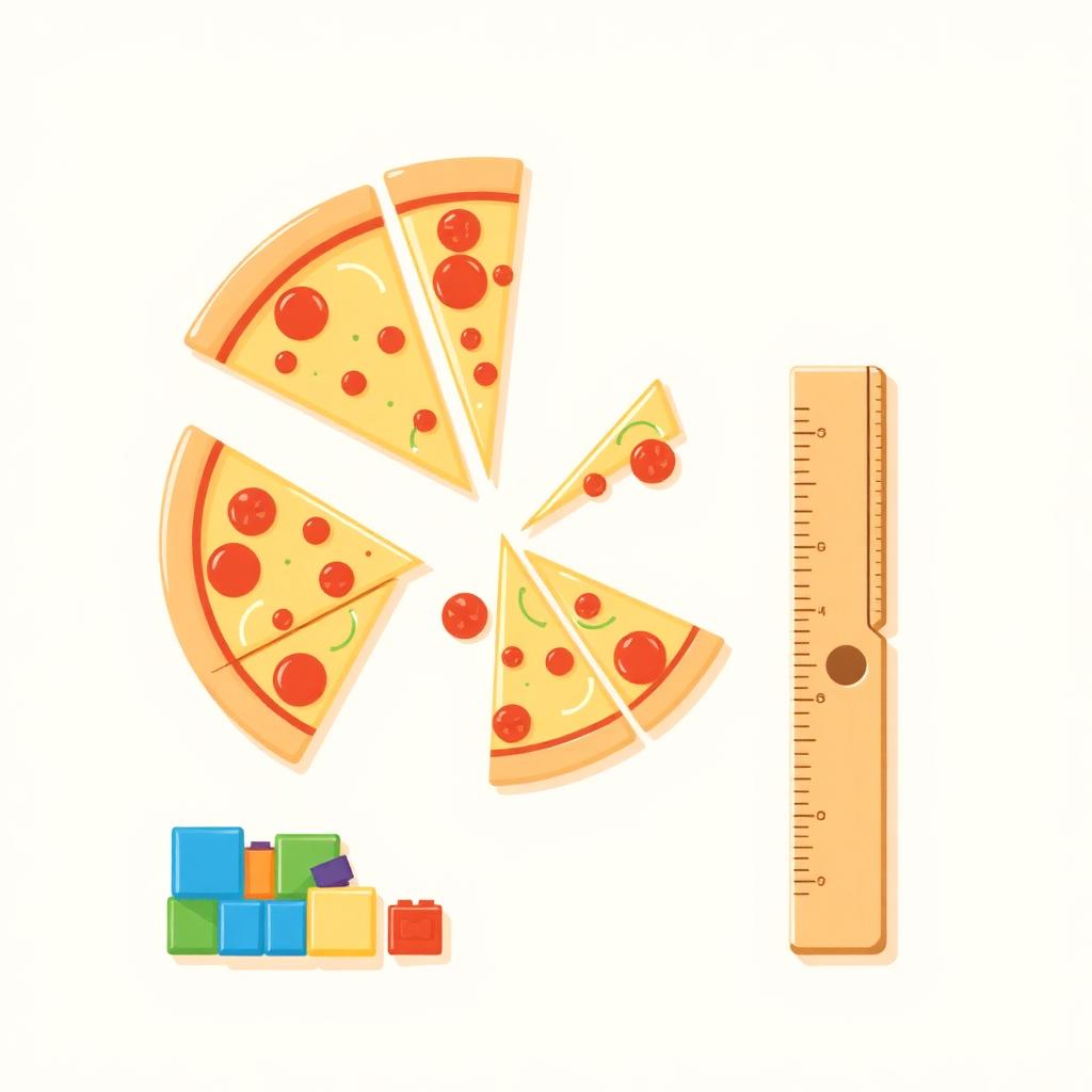 Pizza slices, lego bricks and a ruler used to teach math concepts